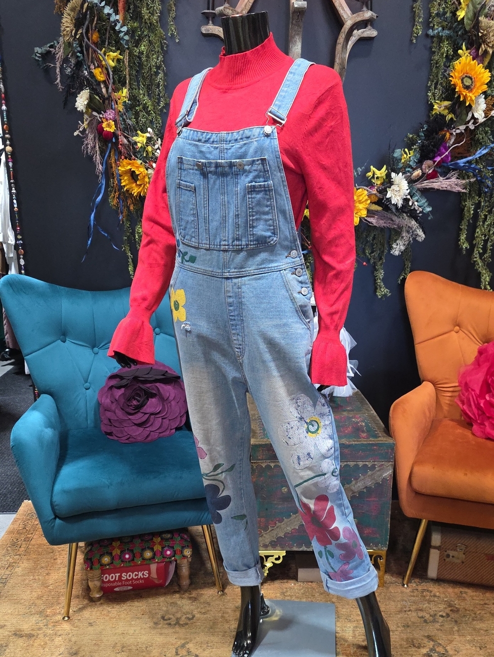 Misslook Painted Flower Denim Bib Overalls With Floral Design